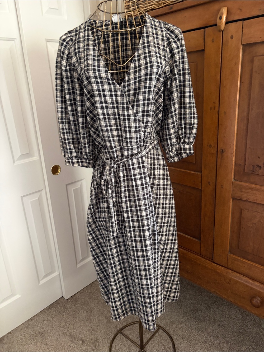 Black & Cream Plaid Gingham Wrap Midi Dress